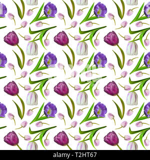Florale nahtlose Muster mit Rosa, Violett und Weiß Tulpen auf weißem Hintergrund. Im Frühling oder im Sommer. Trandy natürlichen botanischen Muster für die Textil- und Stockfoto
