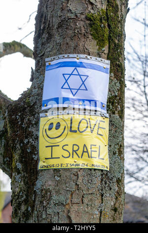 Liebe Israel Flyer mit Smiley zu einem Baum mit dem Davidstern unten festgesteckt Stockfoto