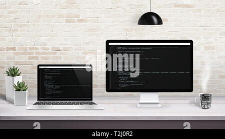 Web Entwicklung auf dem Computer und Laptop mit Konzept der Code Editor auf der Anzeige. Stockfoto