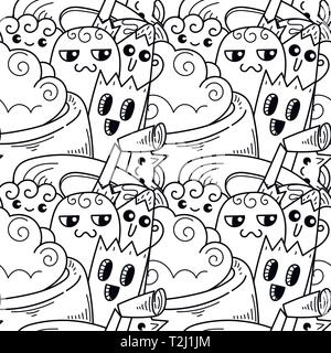 Doodle hand gezeichnete Karikatur mit Lächeln und Geschmack, Coffee shop Thema nahtlose Muster. Kawaii ausführliche, mit vielen Objekten vector Hintergrund für Farbe Stock Vektor