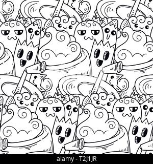 Doodle hand gezeichnete Karikatur mit Lächeln und Geschmack, Coffee shop Thema nahtlose Muster. Kawaii ausführliche, mit vielen Objekten vector Hintergrund für Farbe Stock Vektor