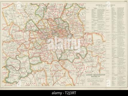 LONDON ANMELDUNG BEZIRKE & SUB-Bezirke. County of London. Speck 1934 Karte Stockfoto