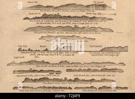 Küste von Cornwall Profil Mounts Bay Lizard Land's End Scillies Berg/SEITE 1749 Karte Stockfoto