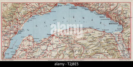 Genfer See. Lac Léman. Montreux Lausanne Vevy Nyon. Schweiz 1948 Karte Stockfoto