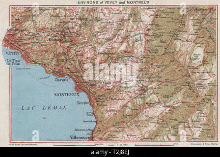 VEVEY und MONTREUX UMGEBUNG. Lac Leman. Genfer See. Vintage Karte Schweiz 1948 Stockfoto