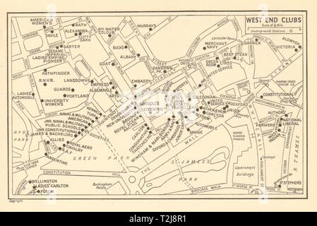 LONDON West End/St James's 'Herren & Damen Vereine GEOGRAPHEN "A-Z" 1948 Karte Stockfoto