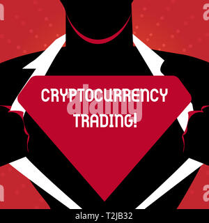 Schreiben Hinweis anzeigen Cryptocurrency Handel. Business Konzept für einfach der Austausch von cryptocurrencies im Markt der Mensch seinem Hemd zu öffnen revea Stockfoto