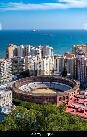 Die Skyline der Stadt mit La Malagueta bei Sonnenuntergang, Malaga, Andalusien, Spanien Stockfoto