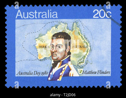 Australien - ca. 1980: einen Stempel in den Australien gedruckten zeigt Matthew Flinders, Navigator und Kartographen, Karte von Australien, Australien Tag, ca. 19. Stockfoto