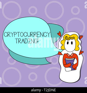 Schreiben Hinweis anzeigen Cryptocurrency Handel. Business Konzept für einfach der Austausch von cryptocurrencies im Markt Mädchen, dass Buch mit Herz Stockfoto