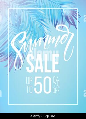 Summer Sale Schriftzug Design in einem bunten blauen und violetten Palmenbildhintergrund verlässt. Vector Illustration EPS 10. Stock Vektor