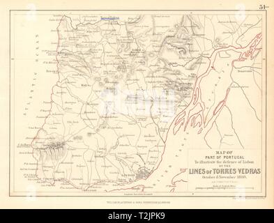 Verteidigung von Lissabon. Linien von Torres Vedras. Okt-nov 1810. Halbinsel Krieg 1850 Karte Stockfoto