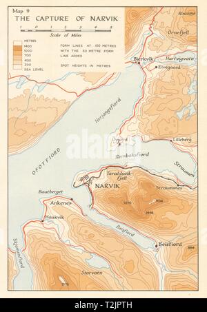 Weltkrieg 2 Norwegen Kampagne. Erfassen von Narvik 1940. Deutsche Invasion 1952 Karte Stockfoto