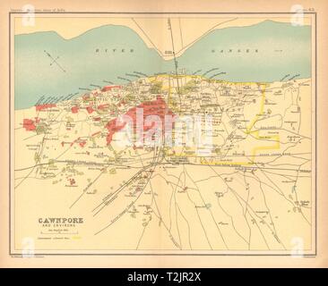 Cawnpore/Kanpur Stadt Stadt zu planen. Die wichtigsten Gebäude Cantonment. Britisch Indien 1909 Karte Stockfoto