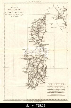Isles de Corse et de Sardaigne. Korsika und Sardinien. BONNE alte Karte 1789 Stockfoto