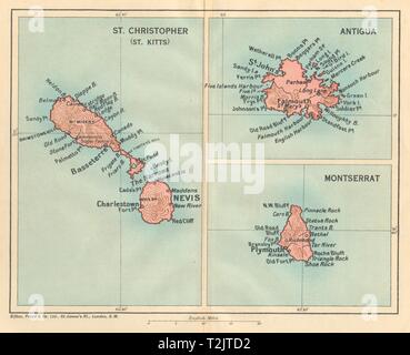 St. Christopher (St. Kitts), Antigua und Montserrat. West Indies Karibik 1935 Karte Stockfoto