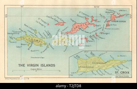 Britische/AMERIKANISCHE JUNGFERNINSELN Tortola Virgin Gorda St. Croix St. Thomas/John 1935 Karte Stockfoto