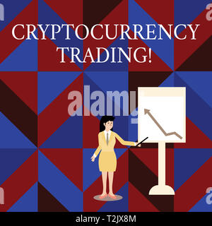 Schreiben Hinweis anzeigen Cryptocurrency Handel. Business Konzept für einfach der Austausch von cryptocurrencies auf dem Markt Frau mit Stick auf t Stockfoto