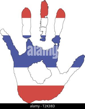 Blau, Weiß, Rot die Farbe der Flagge. Vektor Handabdruck in Form der Flagge von Thailand. Stock Vektor