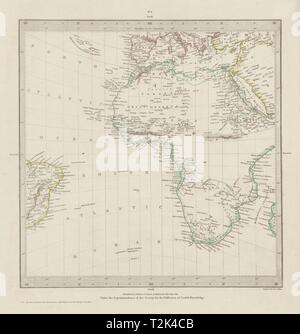 Afrika südlich Europa Brasilien. Gnomonic Projektion. Berge von Kong SDUK 1844 Karte Stockfoto