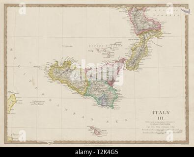 Sizilien, Kalabrien, Malta & Gozo mit original Farbe der Umrandung. SDUK 1844 alte Karte Stockfoto