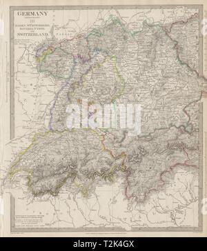 Deutschland, Schweiz & Österreich. Baden Württemberg Bayern Tirol. SDUK 1844 Karte Stockfoto