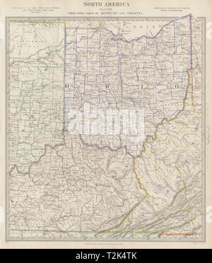 USA. Ohio & Teile von Kentucky, Virginia & Indiana. In den Grafschaften. SDUK 1844 alte Karte Stockfoto