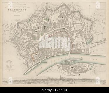 FRANKFURT AM MAIN antike Stadt Stadtplan Plan. Panorama. bin Mayn. SDUK 1844 Stockfoto
