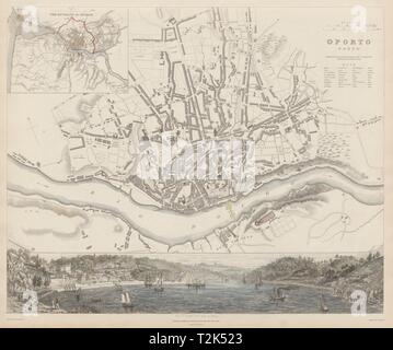 Porto Porto antike Stadt Stadtplan Plan & Panorama. Inset Umgebung. SDUK 1844 Stockfoto