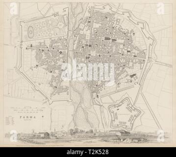 PARMA antike Stadt Stadtplan Plan & Panorama. Parme. Befestigungsanlagen. SDUK 1844 Stockfoto