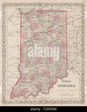 "Colton's Indiana'. Dekorative US-Karte 1863 alten Karte Stockfoto