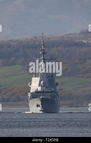 SPS Almirante Juan de Borbón (F102), Alvaro de Bazan-Klasse Fregatte durch die Spanische Marine betrieben, bei Ihrer Ankunft für Übung gemeinsame Krieger 19-1. Stockfoto