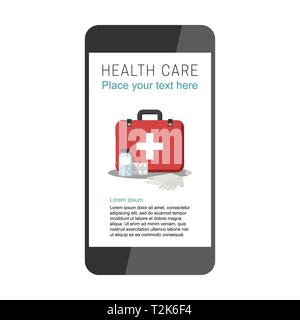 Gesundheit Abbildung: Vorlage für mobile App. Flache Ikonen der Medizin und Pharma Medizin Symbole Stock Vektor