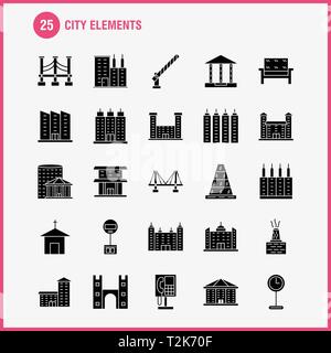 Stadt Elemente solide Glyphe Icons Set für Infografiken, Mobile UX/UI-Kit und Print Design. Gehören: Auto, Fahrzeug, Reisen, Transport, Brunnen, Wasser Sho Stock Vektor