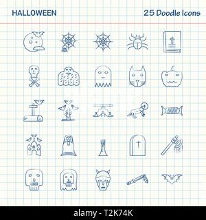 Halloween 25 Doodle Symbole. Hand gezeichnet Business Icon Set Stock Vektor