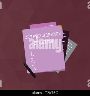 Schreiben Hinweis anzeigen Cryptocurrency Handel. Business Konzept für einfach der Austausch von cryptocurrencies im Markt gesäumt von Schreibwaren und Bürobedarf aus Papier, teilweise Stockfoto