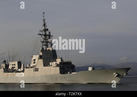 SPS Cristobal Colon (F105), Alvaro de Bazan-Klasse Fregatte durch die Spanische Marine betrieben, bei Ihrer Ankunft für Übung gemeinsame Krieger 19-1. Stockfoto