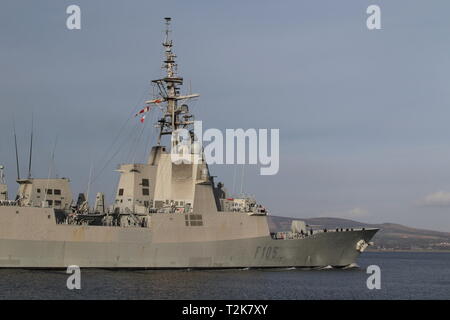 SPS Cristobal Colon (F105), Alvaro de Bazan-Klasse Fregatte durch die Spanische Marine betrieben, bei Ihrer Ankunft für Übung gemeinsame Krieger 19-1. Stockfoto