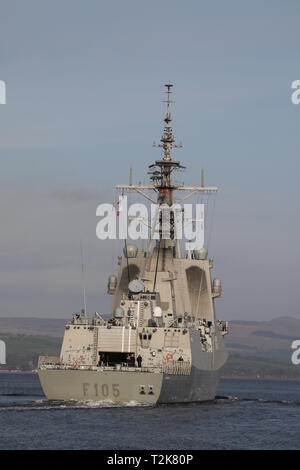 SPS Cristobal Colon (F105), Alvaro de Bazan-Klasse Fregatte durch die Spanische Marine betrieben, bei Ihrer Ankunft für Übung gemeinsame Krieger 19-1. Stockfoto
