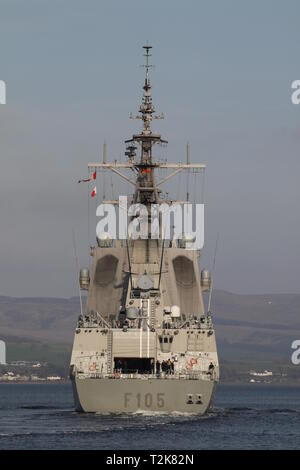 SPS Cristobal Colon (F105), Alvaro de Bazan-Klasse Fregatte durch die Spanische Marine betrieben, bei Ihrer Ankunft für Übung gemeinsame Krieger 19-1. Stockfoto