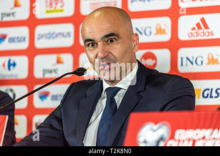 Brüssel, Belgien - 20. März 2019. Belgien National Football Team Coach Roberto Martinez auf einer Pressekonferenz nach der UEFA Euro 2020 Qualifikation mat Stockfoto