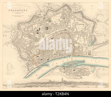 FRANKFURT AM MAIN. Antike Stadt Stadtplan Plan. Panorama. bin Mayn. SDUK 1847 Stockfoto