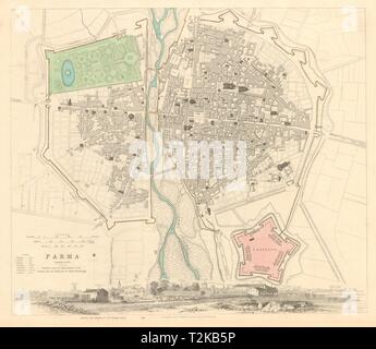 PARMA. Antike Stadt Stadtplan Plan & Panorama. Parme. SDUK 1847 alte Stockfoto