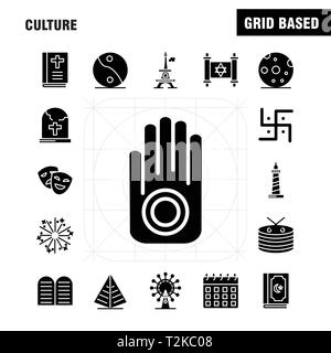 Kultur Feste Glyphe Icons Set für Infografiken, Mobile UX/UI-Kit und Print Design. Gehören: Trommel, Hand, Instrumente, Musik, Religion, Gebote, Fai Stock Vektor