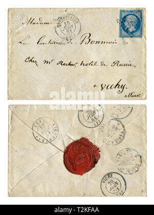 Französisch historische Umschlag: Mit Briefmarke ohne Perforation, Kaiser Napoleon III, Stornierung Montpellier, 15. Juni 1861, rote Wachssiegel Stockfoto