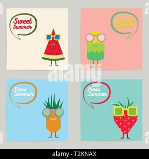 Vektor Einrichten von tropischen Sommer Obst character Card Collection. Summer Sale Hintergrund für Plakat, Flyer, Broschüre, Gutschein, Banner, Einladungskarte, Stock Vektor