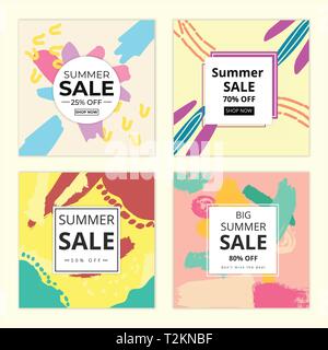 Memphis Sommer quadratische Hintergrund. Memphis Style Banner Sammlung. Es kann für Soziale Medien, Werbemittel, Design, Marketing Zwecke verwendet werden Stock Vektor