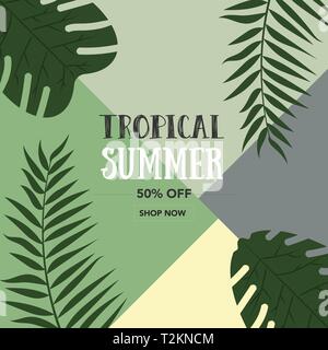 Wunderschönes Palmblatt Tropischen hellen Hintergrund. Minimale fashion Sommer Konzept. Summer Sale Hintergrund für Plakat, Flyer, Broschüre, Gutschein, Banner Stock Vektor
