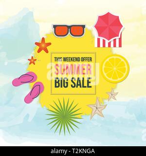 Sommer großen Verkauf auf gelbe Form über Aquarell Hintergrund Draufsicht Sommer Elemente, Vector Illustration Stock Vektor