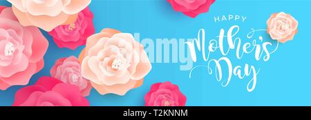 Glückliche Mütter Tag Web Banner Illustration für Mama liebe Urlaub. Rosa Feder rosa Blüten auf blauem Hintergrund. Stock Vektor